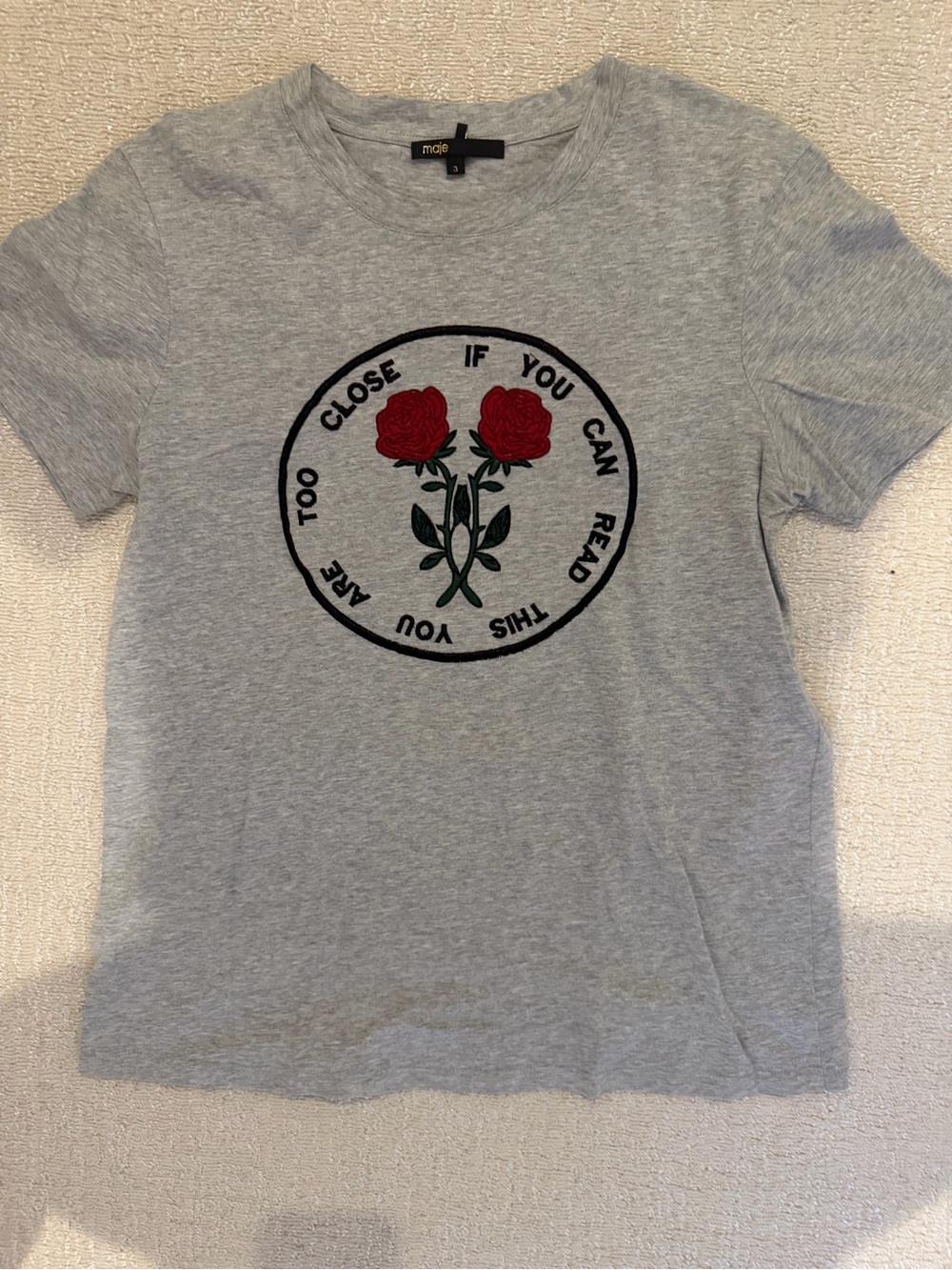 Maje Gray Tee with Red Rose Embroidered Graphic